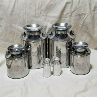 Vintage Milk Can Shaped Tin Canister Set With Matching Salt & Pepper Shakers