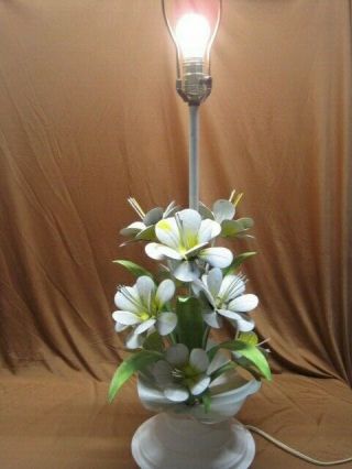Mid Century Italian Tole Table Lamp 24 " Flowers 18 " White Painted Metal Flowers
