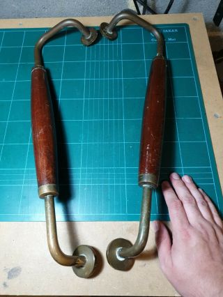 Large Vintage Retro Wood And Brass Door Pull Handles 18 " 2