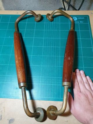 Large Vintage Retro Wood And Brass Door Pull Handles 18 " 1
