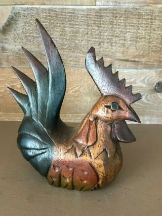 Wooden Carved Rooster Chicken Stained Wood Hand Carved Folk Art Vintage Folk Art