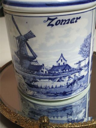 Vintage Delft Blauw Blue Windmill 4 Season Lidded Tea Caddy Coffee Canister