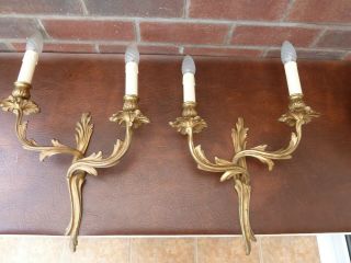 Large Pair Vintage French Brass Wall Sconce Lights Scrolled Acanthus Leaf Style