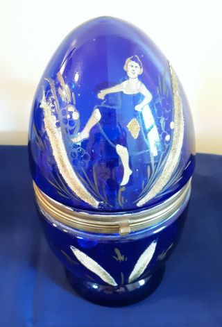 Antique Cobalt Blue Glass Egg Decanter Signed Czechoslovakia Czech Dancing Girl