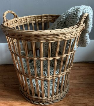 Vintage Tall Wicker Laundry Basket Log Shoot Farmhouse Rustic Joanna Gaines