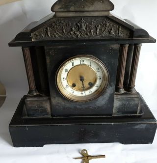 Large Antique Slate & Marble Mantel Clock - Thieble,  C.  1870