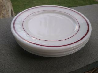 Set Of 4 Vintage Pyrex Tableware Milk Glass Plates With Burgundy Stripes