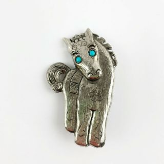 Vintage Pewter Pony Horse Brooch Pin Faux Turquoise Eyes Floral 1980 Unbranded