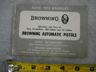 Vintage Browning Pistols 9mm, .  380 Caliber, .  32 Caliber Booklet,  Operation,  Care