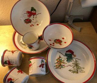 Vintage Hallmark Metal Enamelware Dishes Mugs Bowls Plates Snowman In Poses