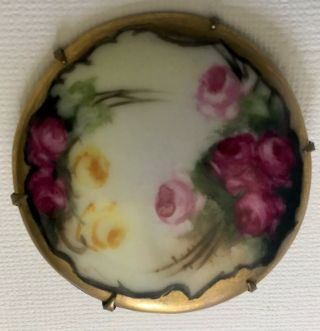 Antique Vintage Victorian Hand Painted Porcelain Brooch Pin Roses C Clasp Flower