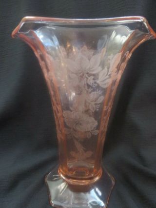 Antique Vintage Pink Depression Glass Vase Floral Etching Cond