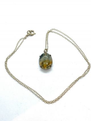 Small Antique Victorian Sterling Silver Moss Agate Pendant Necklace 18”