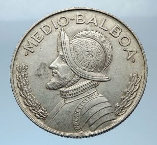 1962 Panama Large Spanish Conquistador Antique Silver Half Balboa Coin I72418