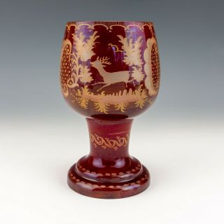 Antique Etched Ruby Bohemian Glass - Stag & Building Decorated Goblet