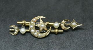 Antique/vintage Yellow Metal Crescent Moon & Star Seed Pearl Brooch