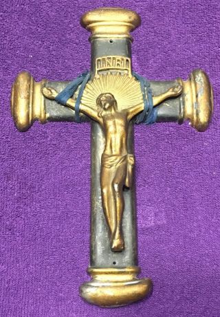 Antique Lead Wall Hanging Crucifix = Vintage Old Historic Church Relic