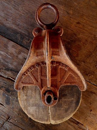 Antique Myers Barn Farm Wood Cast Iron Pulley Vintage Tools Rustic Farmhouse