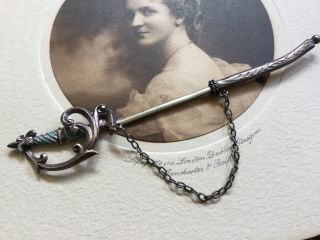 Antique Vintage Sterling Silver Sword Pin Brooch With Light Blue Enamel