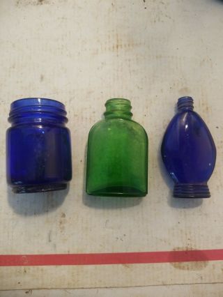 3 Vintage Bottles 2 Cobalt 1 Green Perfume Farm Fresh