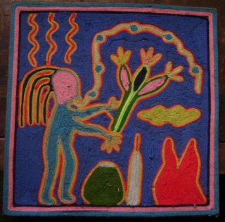 Vintage Huichol Yarn Painting With Inscription