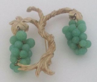 Vintage Dangling Jade - Green Glass Bead Grape Cluster Brooch