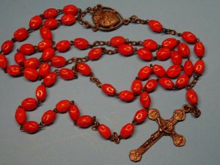 Antique French Monastery Rosary // Red Glass Beads Cross // Sacred Heart Center