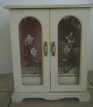 Vintage White Wood Jewelry Box With Stained Glass Doors