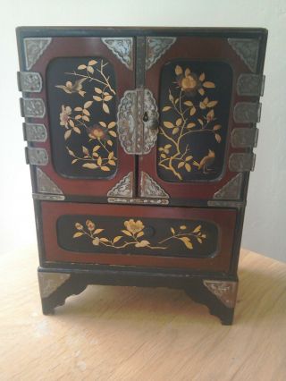 Antique Early 20th Century Japanese Laquered Hand Painted Jewellery Box A/f
