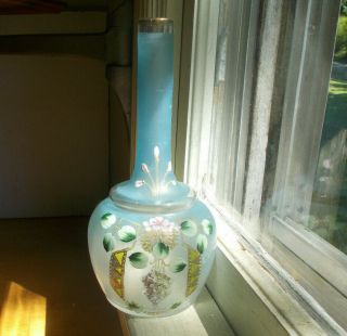 Antique 1890 Pontiled Hand Blown Barber Bottle Hand Painted With Applied Flowers