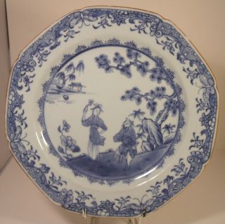 Chinese 18th Century 9 " Blue And White Octagonal Figural Plate