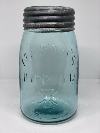 Antique Midget Mason’s Improved Hero Cross Fruit Jar Ball Blue