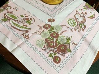 Vintage Pure Linen Tablecloth Chrysanthemums Novelty Colors Pink Green 45x47
