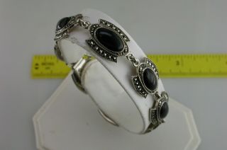 Vintage Black Onyx And Marcasite Bracelet 925 Sterling Silver 7 " 9.  3 Gram