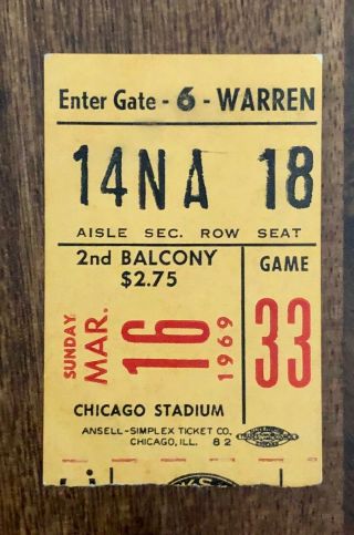Nhl Philadelphia Flyers Vs Chicago Black Hawks Ticket Stub - Mar 16,  1969 - Hull 2g