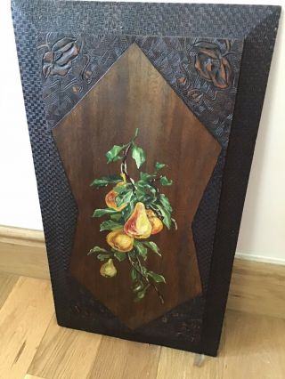 Victorian Poker Work Pannel With Oil Painting Of Fruit