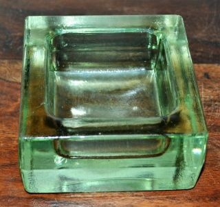 Vintage 1960s Modernist Green Square Thick Heavy Glass Ashtray Dish