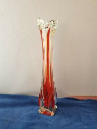 Vintage Retro Era Murano Ruffle Top Vase Orange / Red 11.  5 " Uk P&p