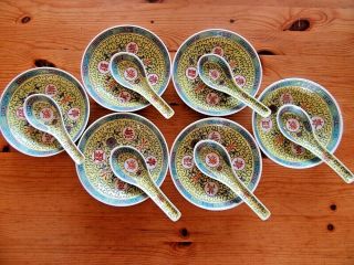 Vintage X 6 Chinese Mun Shou Longevity Yellow Rice Bowls / Dishes And Spoons