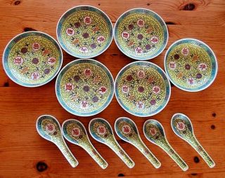 VINTAGE x 6 CHINESE MUN SHOU LONGEVITY YELLOW RICE BOWLS / DISHES AND SPOONS 2
