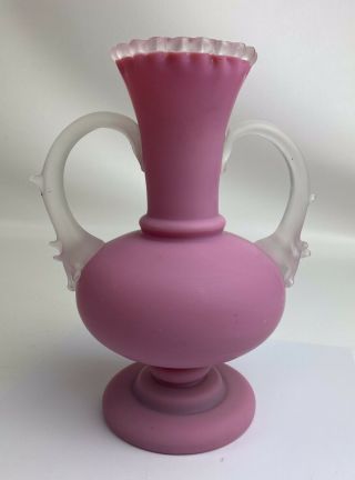Fine Antique Pink Satin Glass Ruffled Edge Vase - Clear Frosted Applied Handles