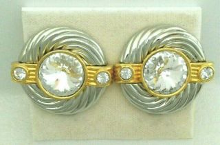 Ts.  Vintage " Park Lane " Silver Gold Tone Clip On Earrings W/ Crystals Signed