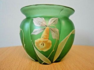 Antique Art Nouveau French Legras Green Satin Glass Narcissus Enamelled Vase