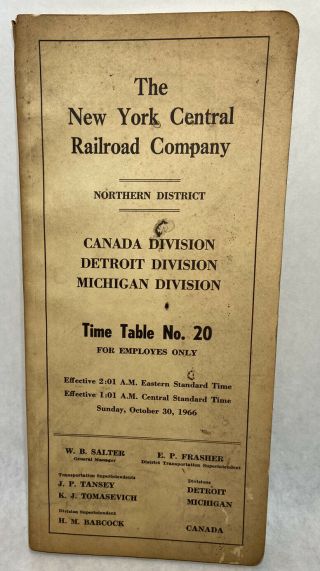 The York Central Railroad Company Time Table No.  20 For Employees 1966 Vtg