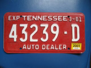2001 Tennessee Auto Dealer License Plate 43239 - D