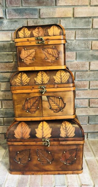 Rustic Set Of 3 Wooden Storage Box With Lids Nestable & Stackable Chest Leaves