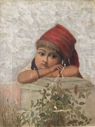 Antique Folk Art Portrait Painting - Oil On Canvas - Little Girl - Naive School