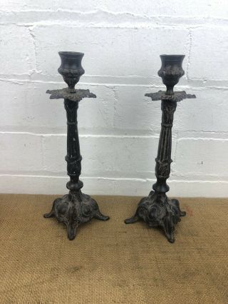 Pair Old Antique Cast Iron Gothic Candlesticks