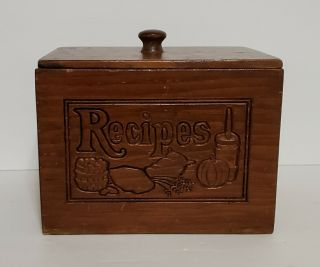 Vintage Wooden Recipes Divided File Box W/lid Carved On The Front 6 7/8 " W