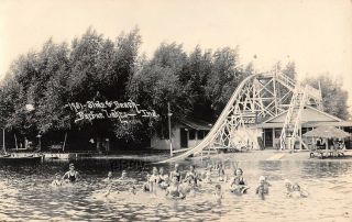 Vintage Postcard Rppc Real Photo Barbee Lake Slide Coca - Cola Sign Beach Water In